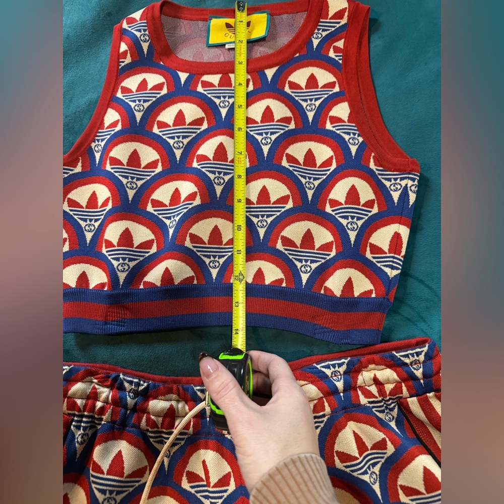 Gucci x Adidas Jacquard Red, Blue & White Patterned Crop Tank and Shorts Set - Picture 7 of 7